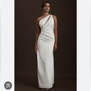 Ivory BHLDN satin Clementine one shoulder dress gown with a thigh high slit